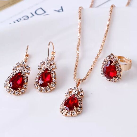 ❤️ Red Ruby Gold Plated Crystal Rhinestones Jewelry Set - Picture 2 of 3